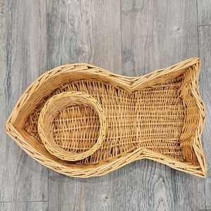 Fish-Shaped Wicker Basket For Chips And Add Bowl For Dip Or Decor At Lake House.